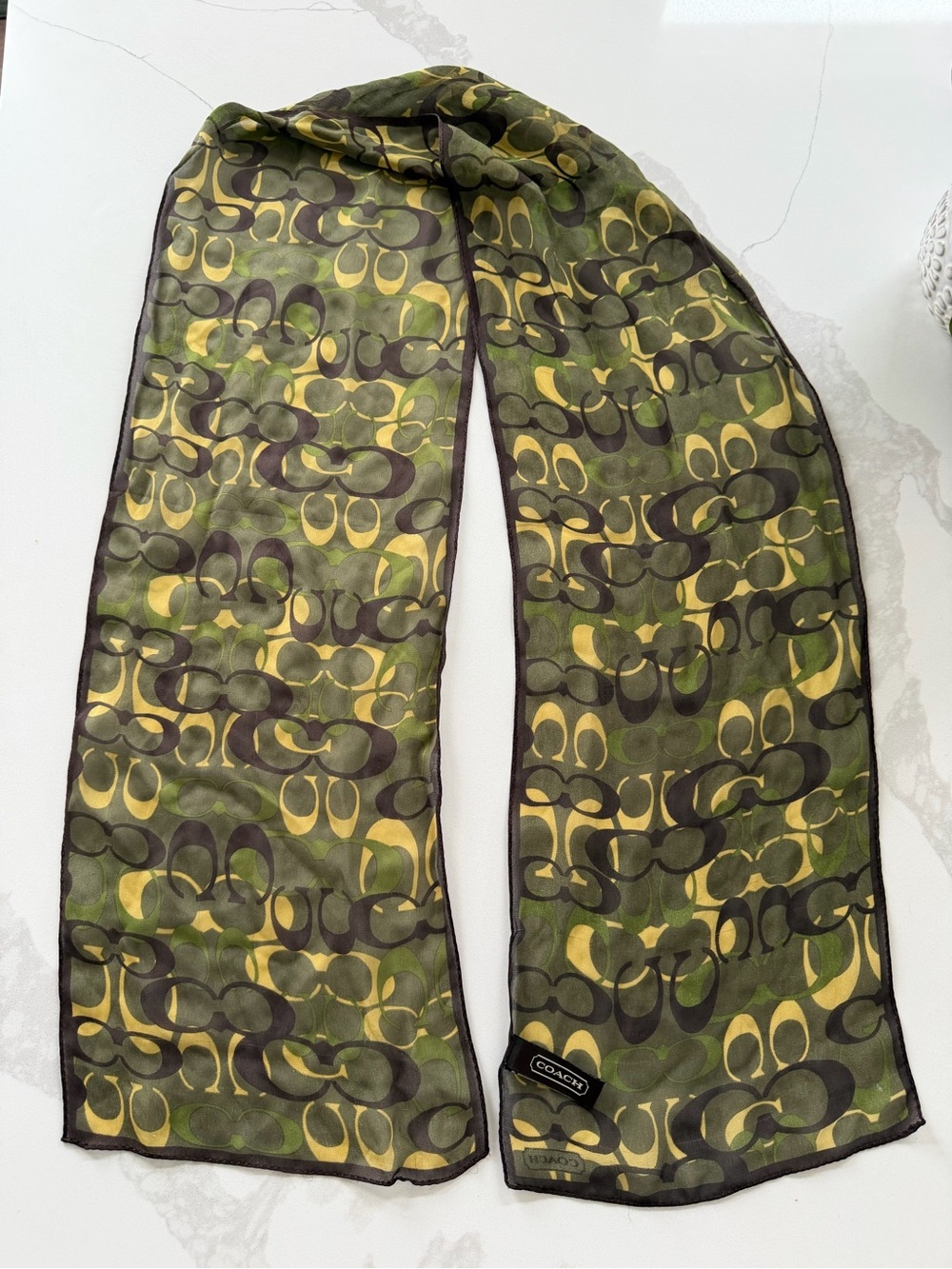 Vtg Coach Green Silk Scarf Ponytail Tie Japan 53" Signature C Lightweight
